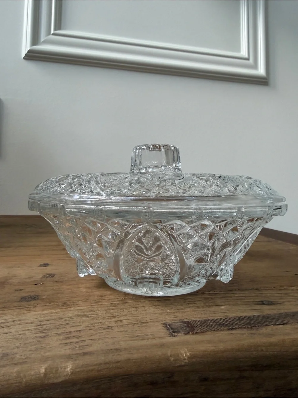 Clear Pressed Glass Covered Serving Bowl - Decorative Home Dining Dish